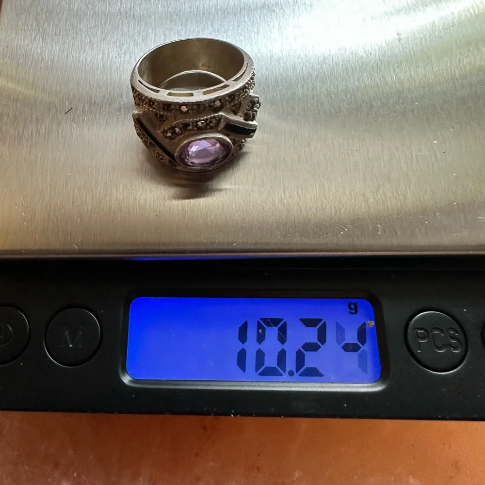 Sterling Amethyst Onyx & Marcasite Wide Band Ring Marked 925 w Makers Mark.
